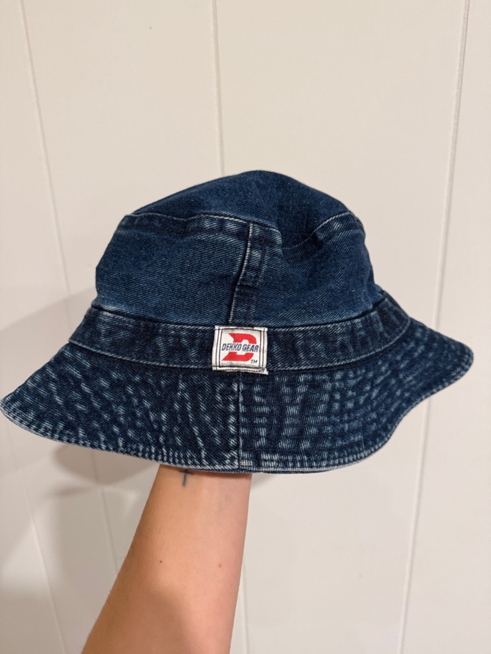 Vintage Blue Denim Kids Bucket Hat with Red Logo Patch